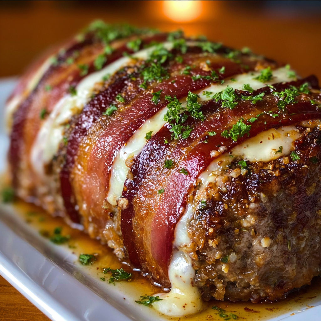 A delicious bacon wrapped meatloaf with a cheesy sauce, served on a white plate.