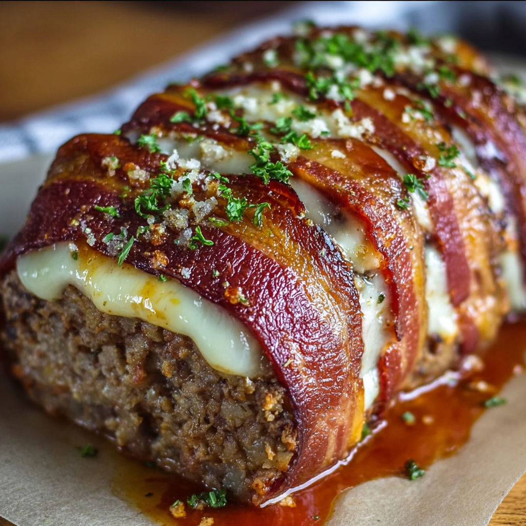 A delicious bacon wrapped meatloaf with cheese and bacon on top, ready to be cooked.