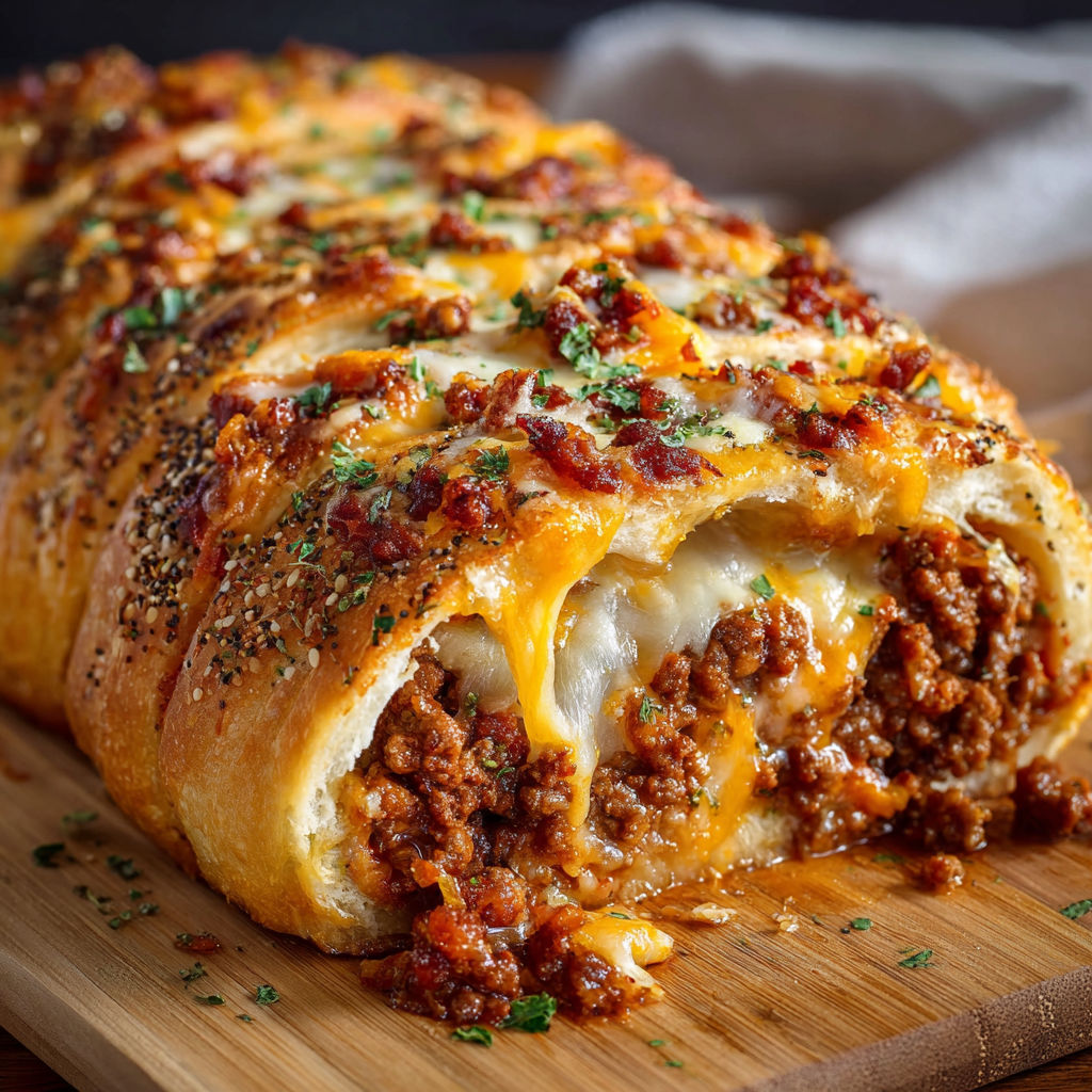 A delicious stuffed cheesy beef bread is displayed on a wooden cutting board.
