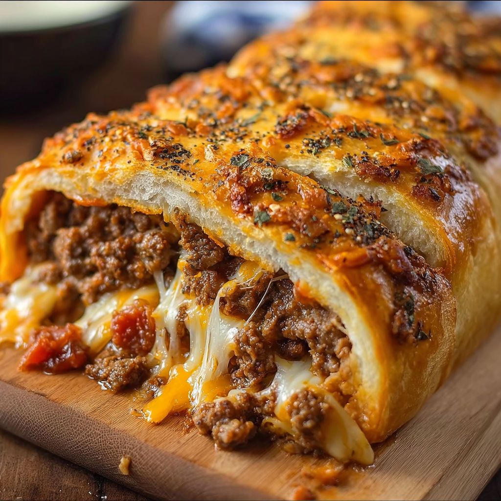 A delicious meat and cheese filled pastry is displayed on a wooden cutting board.
