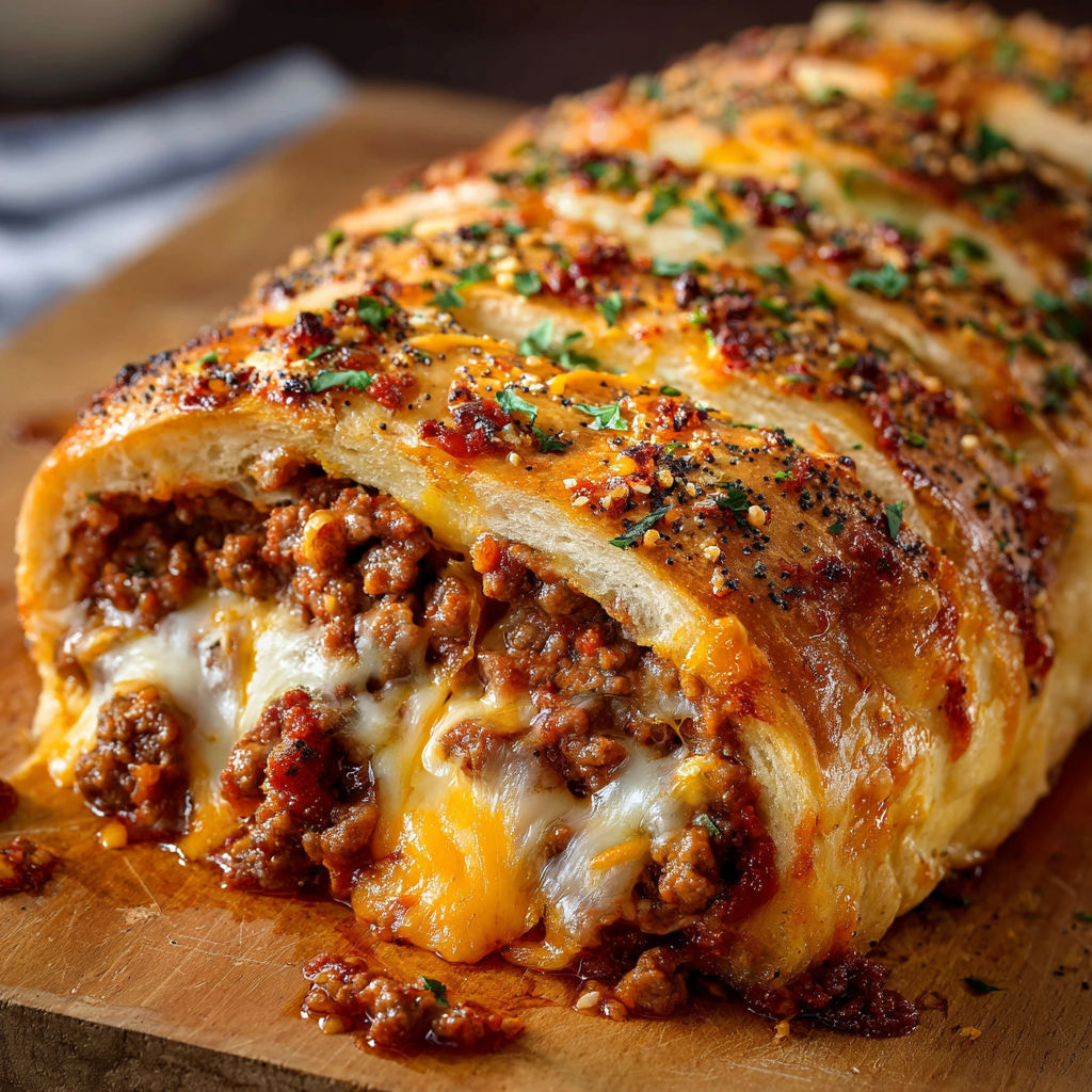 A delicious homemade meat and cheese filled pastry is displayed on a wooden cutting board.