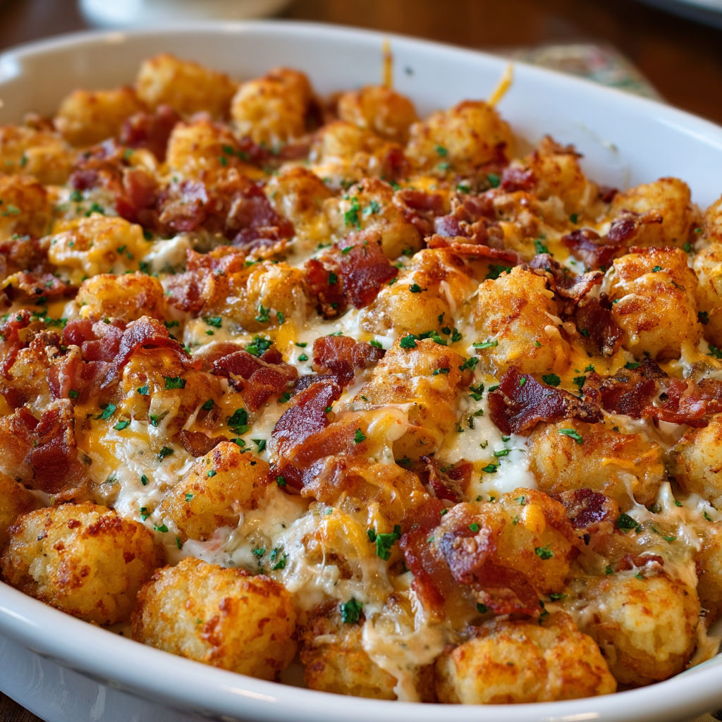 A delicious bacon and cheese casserole in a white bowl.