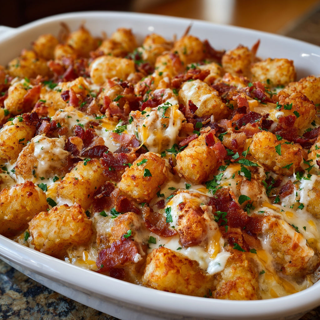 A dish of bacon and cheese covered tater tots is served in a white bowl.