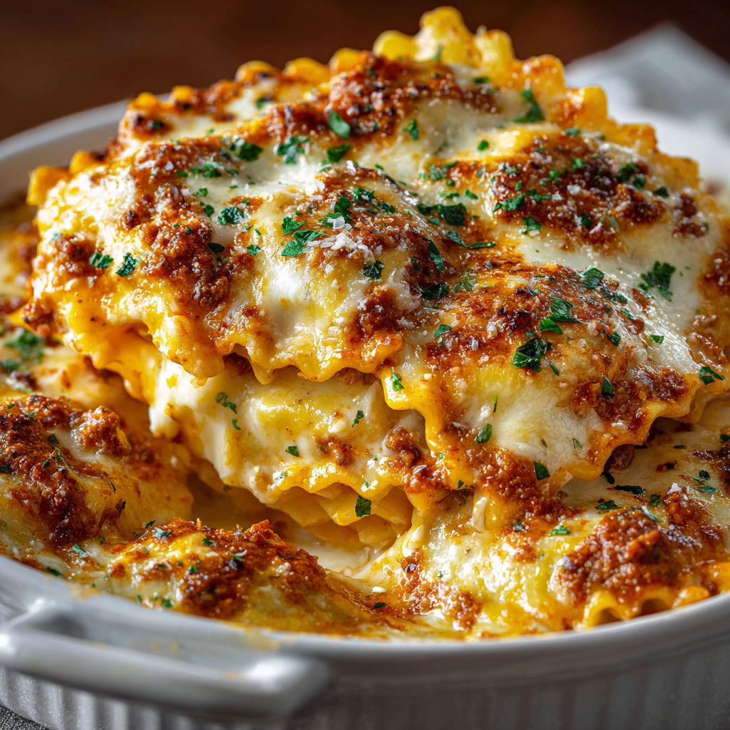A dish of lasagna is served in a white bowl.