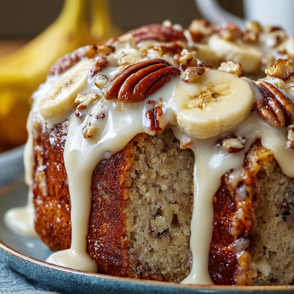 A slice of Luscious Banana Pecan Cake is drizzled with icing.