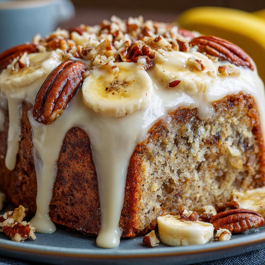 A delicious looking cake with bananas and walnuts on top.