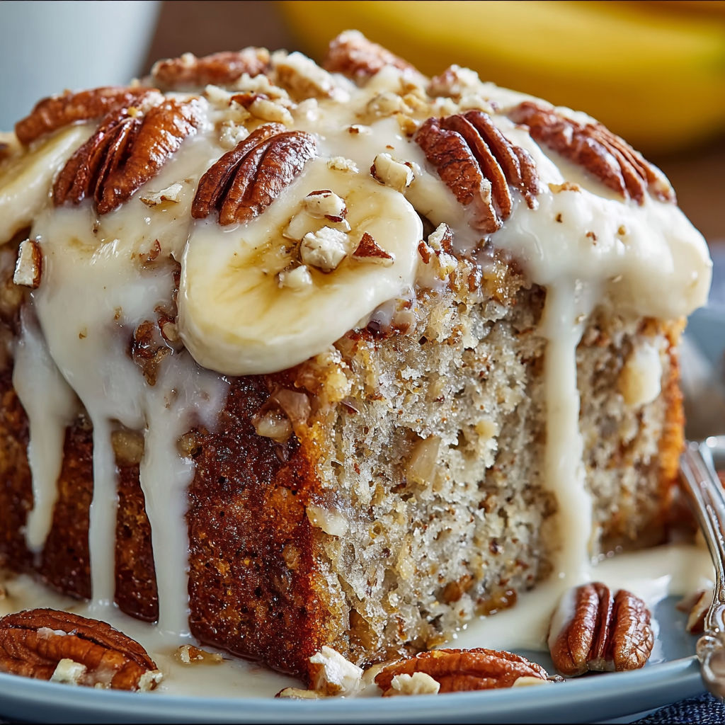 A delicious banana nut bread with a drizzle of frosting.