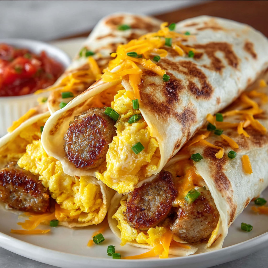 A plate of delicious Cheesy Sausage Egg Wraps.