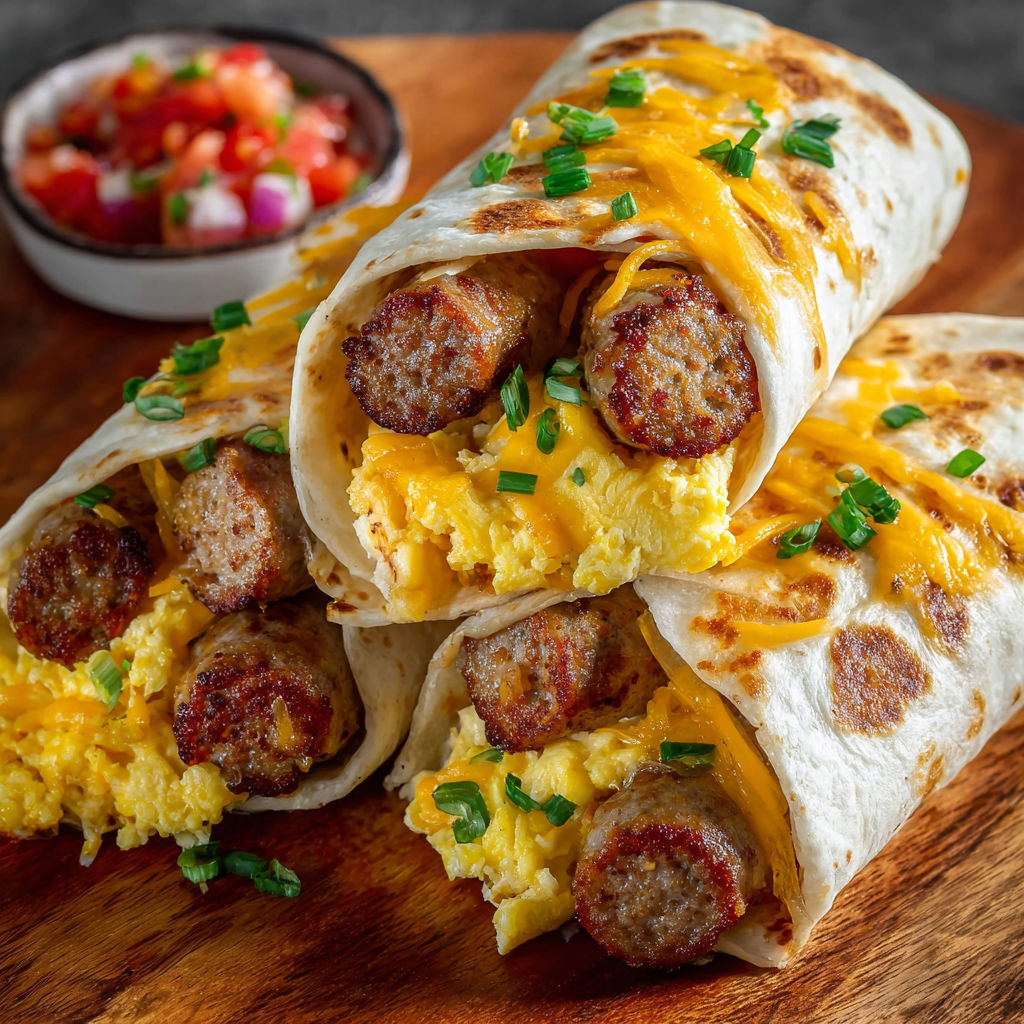 A delicious meal of Cheesy Sausage Egg Wraps is displayed on a wooden table.