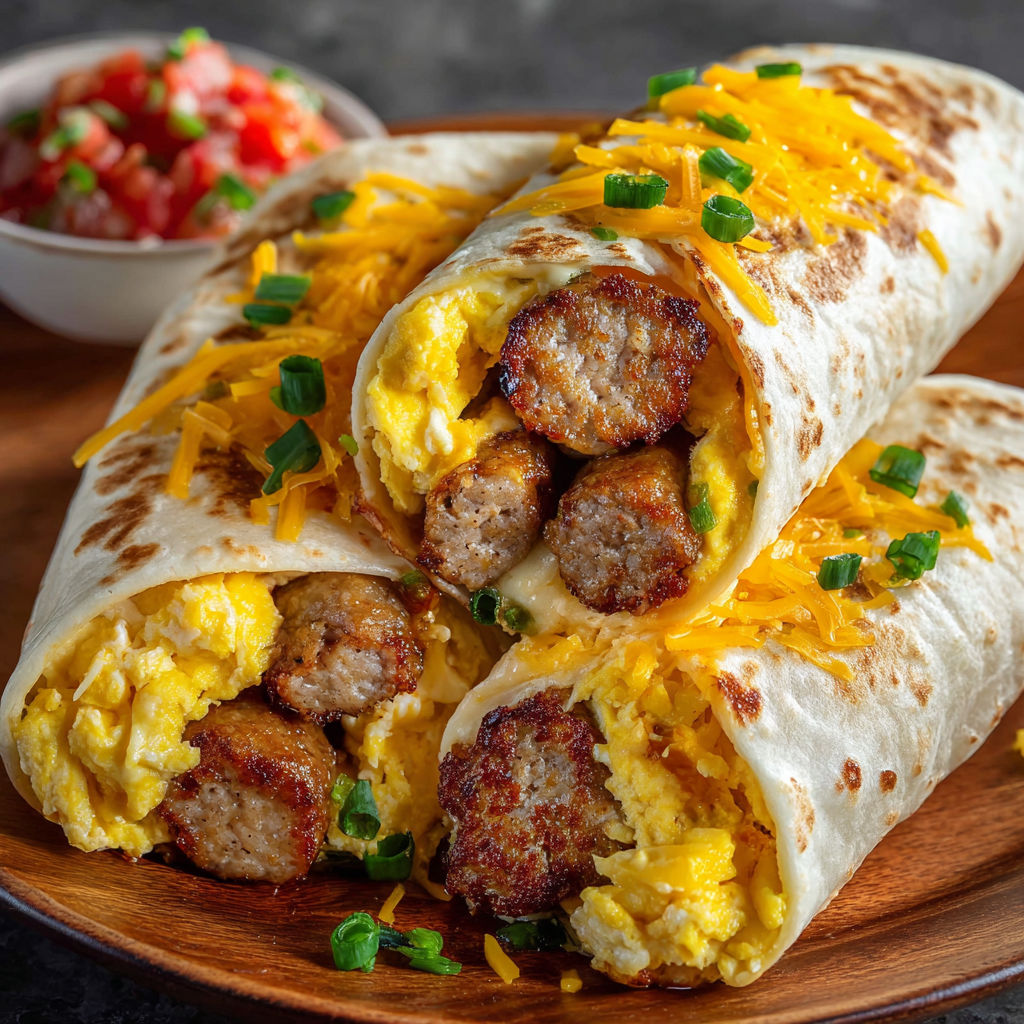 A delicious Cheesy Sausage Egg Wrap is served on a wooden platter.