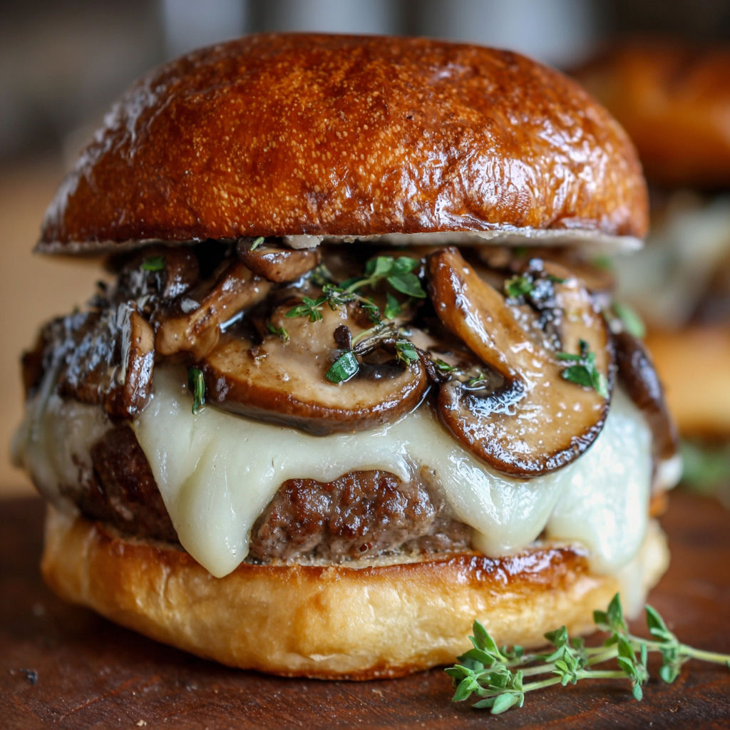 A mushroom Swiss burger delight is displayed on a wooden table, with the mushrooms being the main focus.