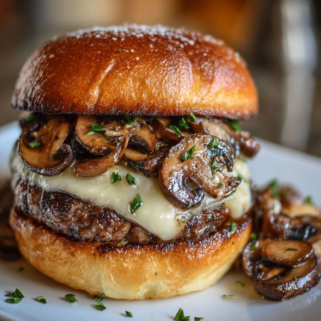 A mushroom burger with mushrooms and cheese on a bun.