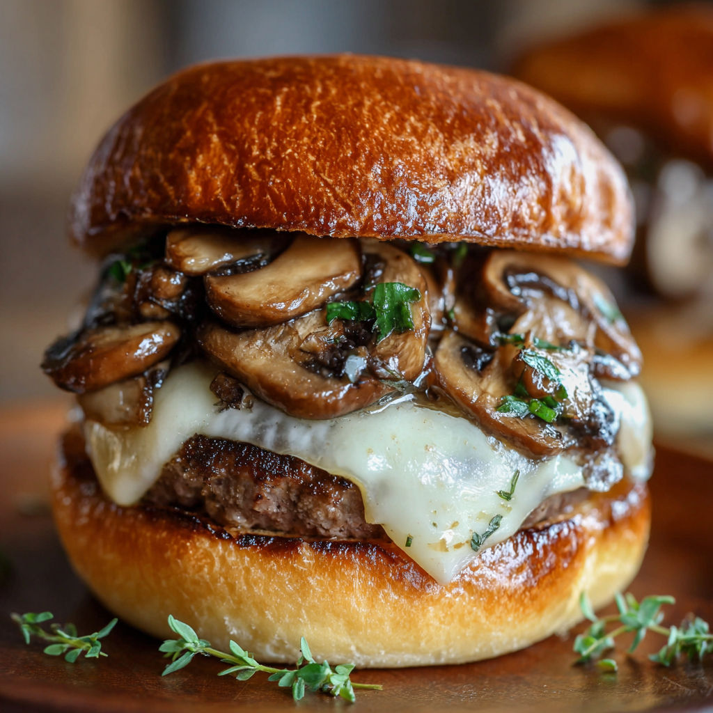 A delicious mushroom burger with cheese and herbs on a bun.
