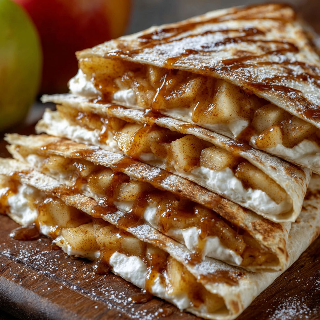 A stack of Sweet Apple Cinnamon Wraps with a drizzle of caramel sauce.