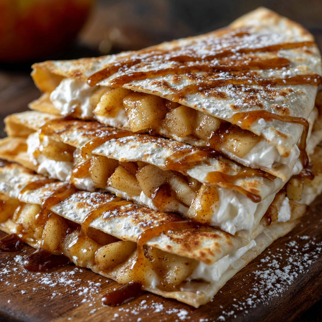 A stack of Sweet Apple Cinnamon Wraps with caramel sauce drizzled on top.