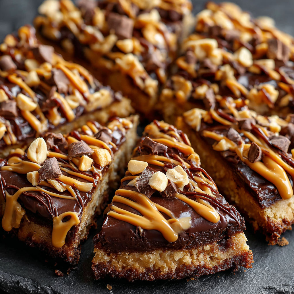 A slice of chocolate and peanut butter cake on a black plate.