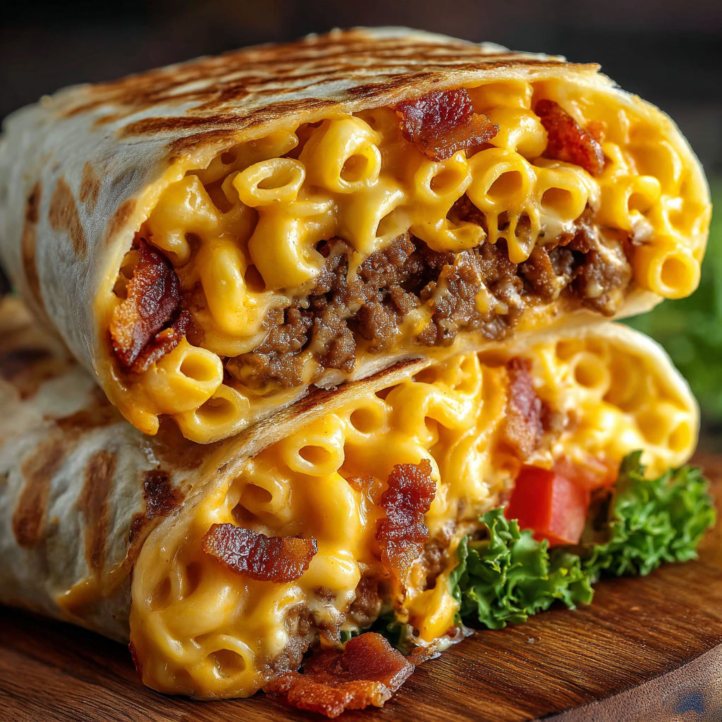 A delicious Bacon Mac Cheese Wrap is served on a wooden platter.