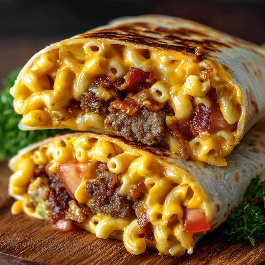 A delicious meal of macaroni and cheese in a tortilla wrap.