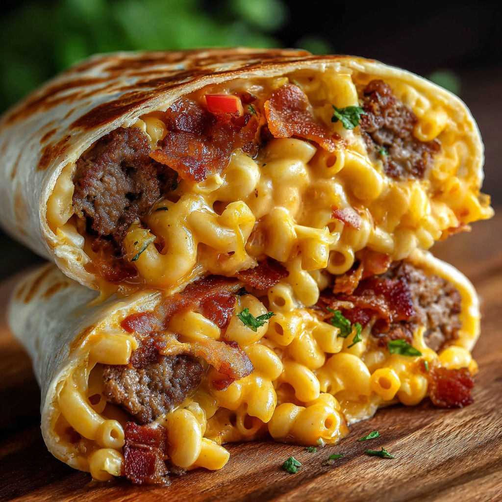A delicious meal of macaroni and cheese is served in a tortilla wrap.