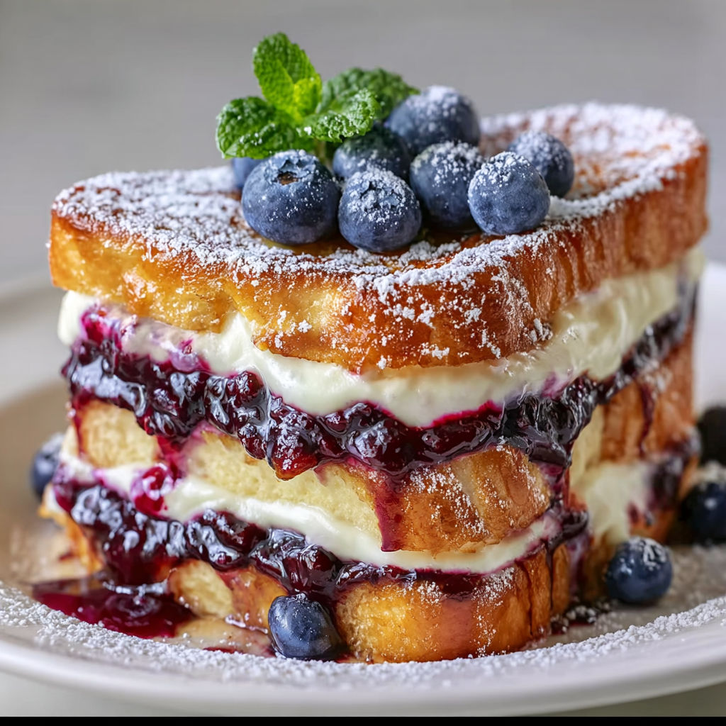 A delicious dessert made with French toast, cream cheese, and blueberries.