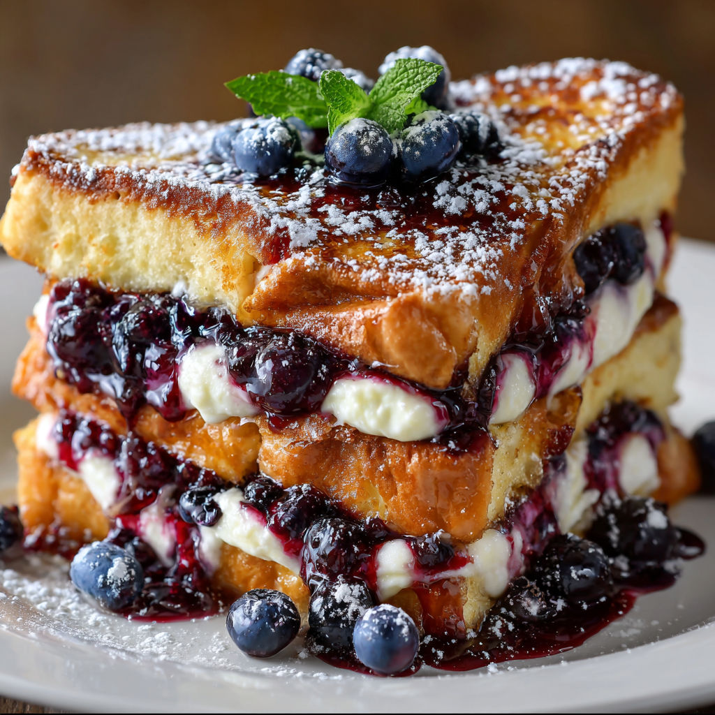 A stack of French toast with blueberries and whipped cream on top.