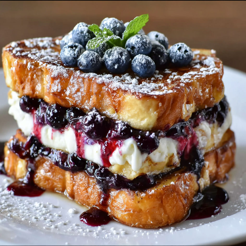 A stack of French toast with blueberries and whipped cream on top.