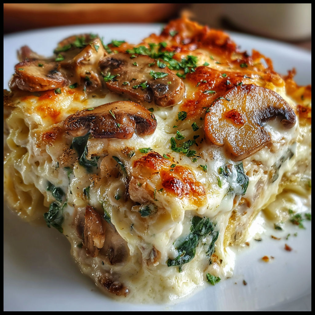 A delicious looking lasagna with mushrooms and cheese on top.