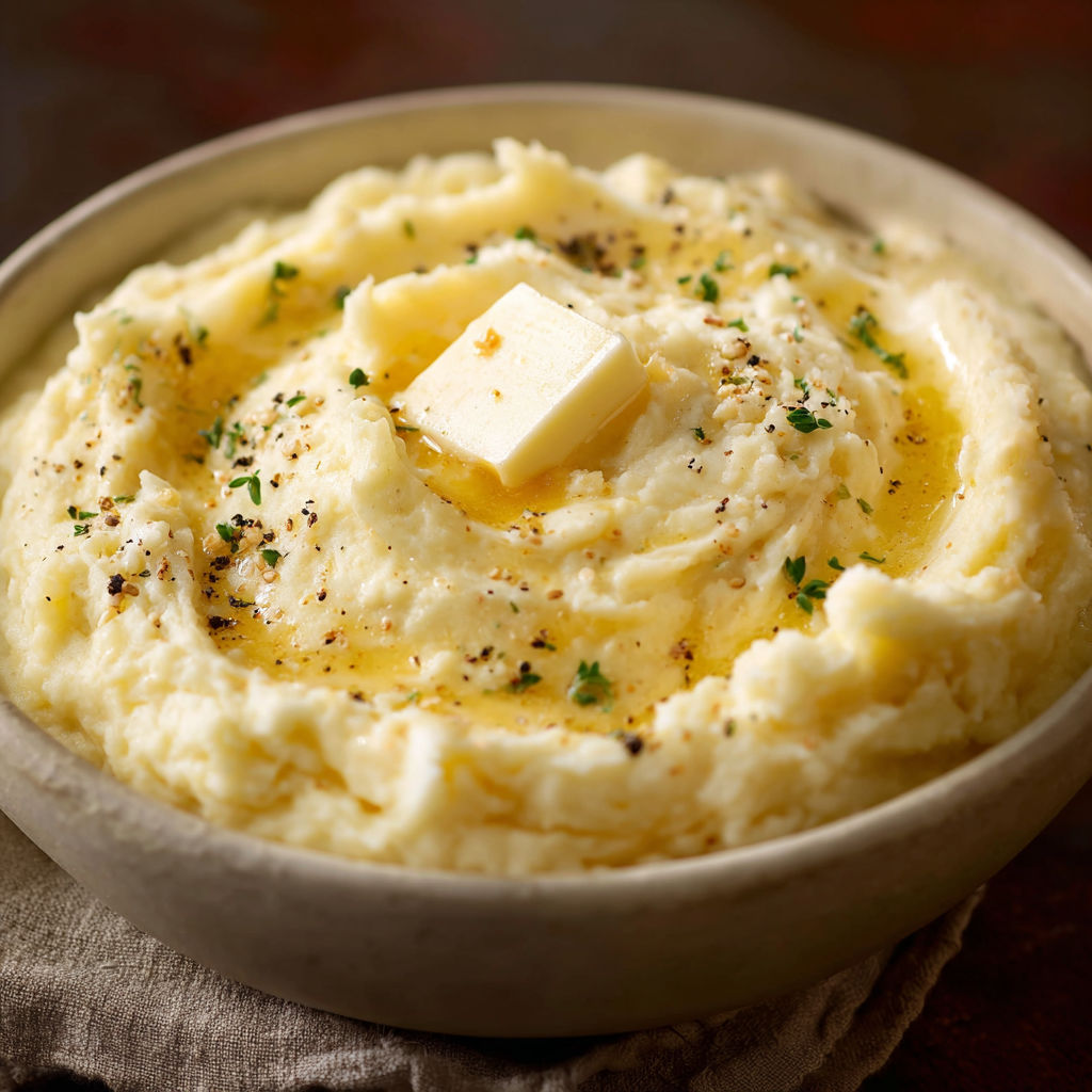 A bowl of mashed potatoes with a butter cube on top.