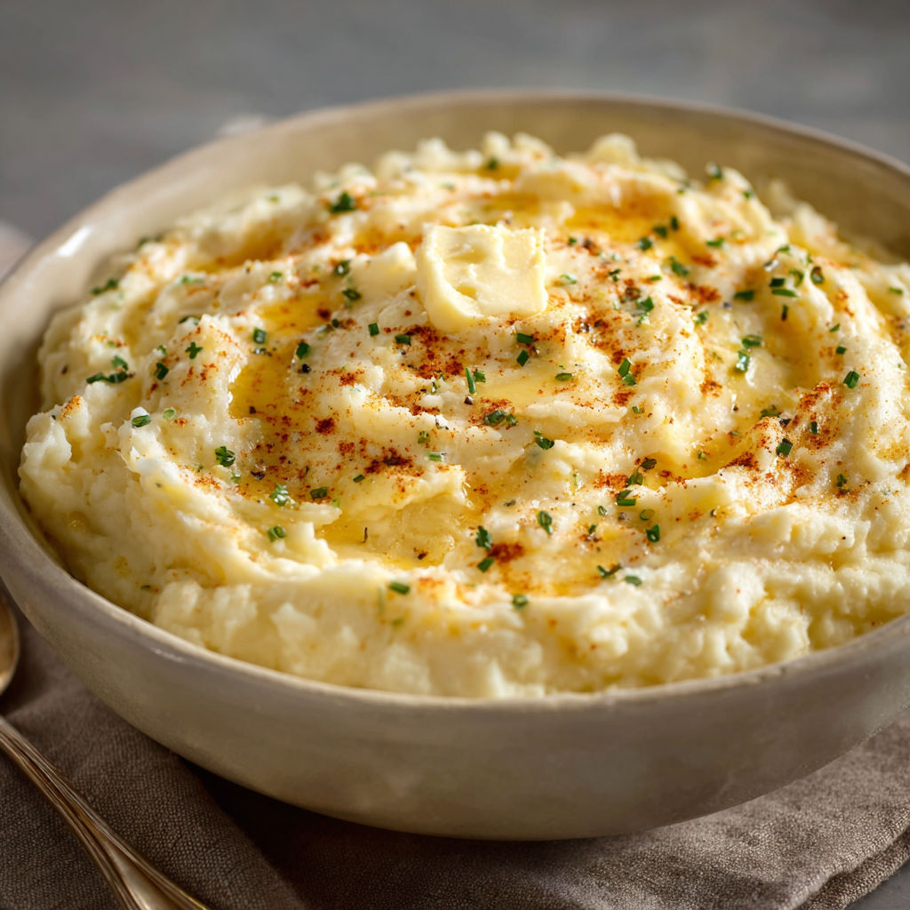 A bowl of mashed potatoes with a spoon on the side.
