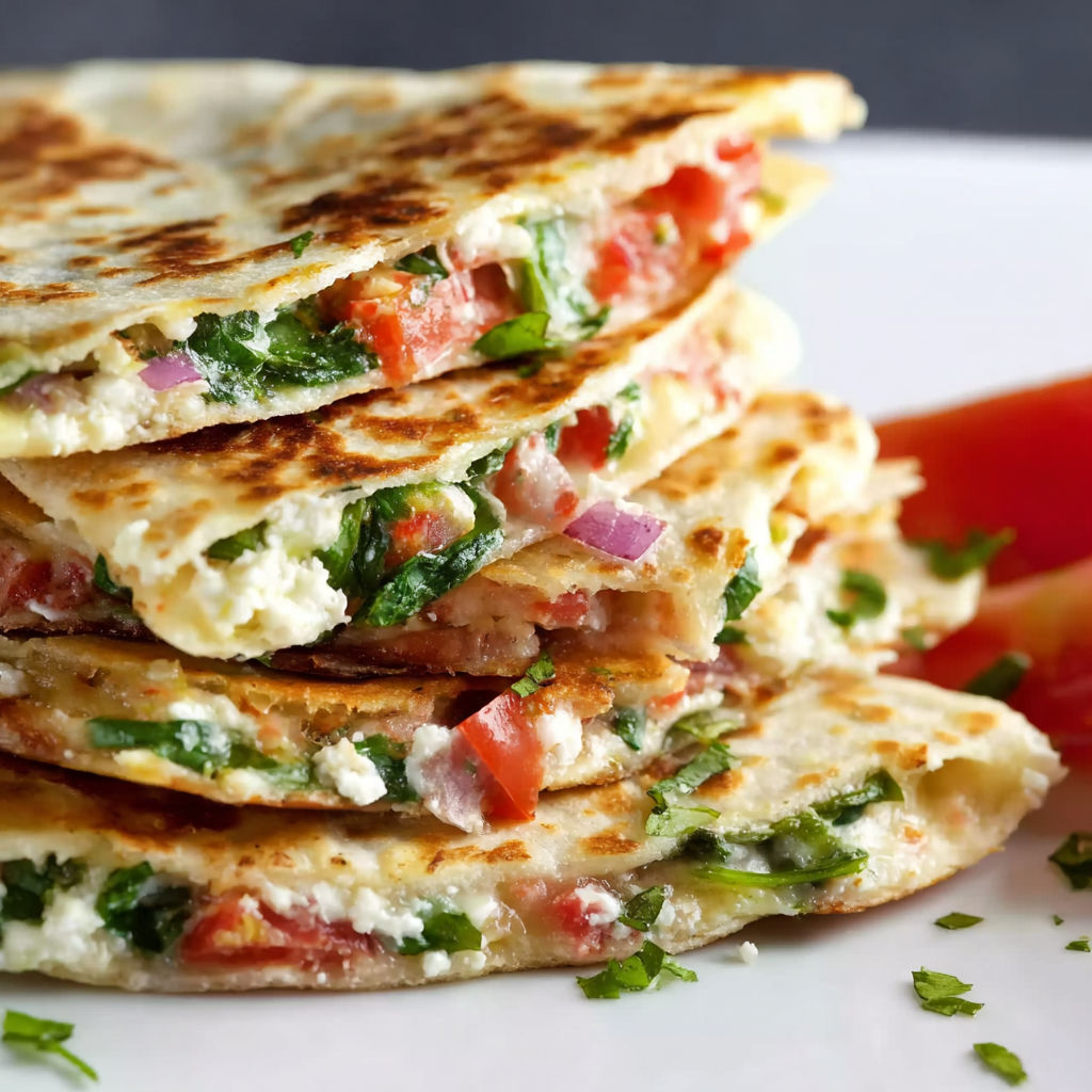 A stack of Mediterranean quesadillas with tomatoes and spinach.
