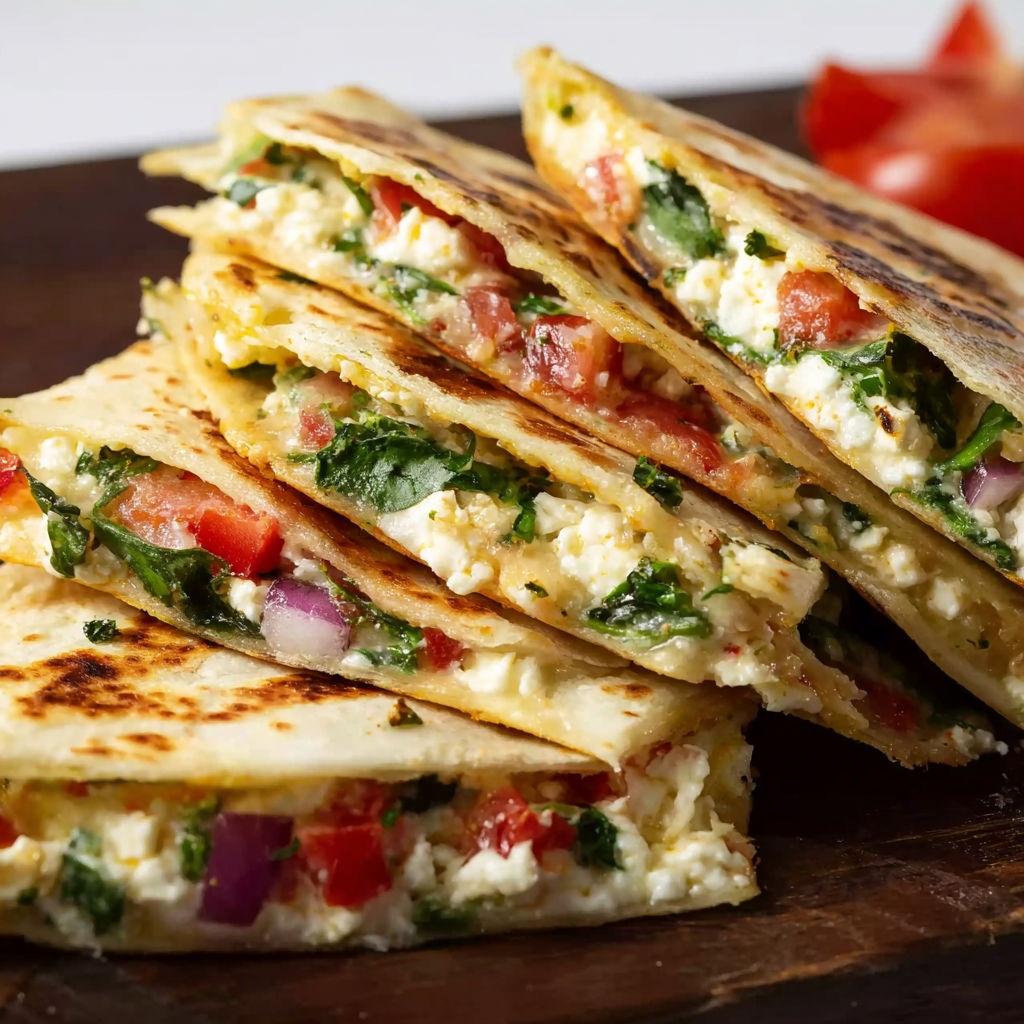 A stack of Mediterranean quesadillas with tomatoes, spinach, and feta cheese.