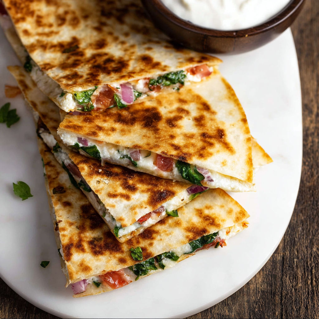 A plate of Mediterranean quesadillas with tomatoes and cheese.