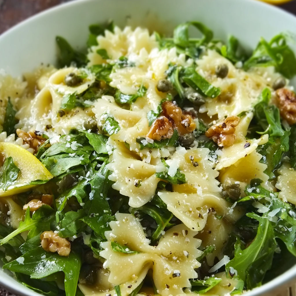 A bowl of pasta salad with arugula, lemon, and walnuts.
