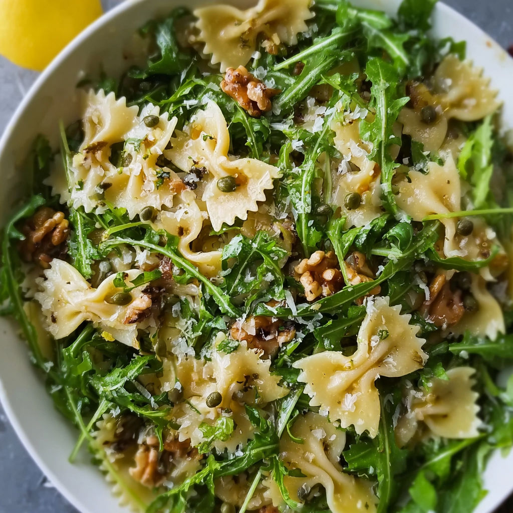 A bowl of pasta salad with spinach, walnuts, and pine nuts.