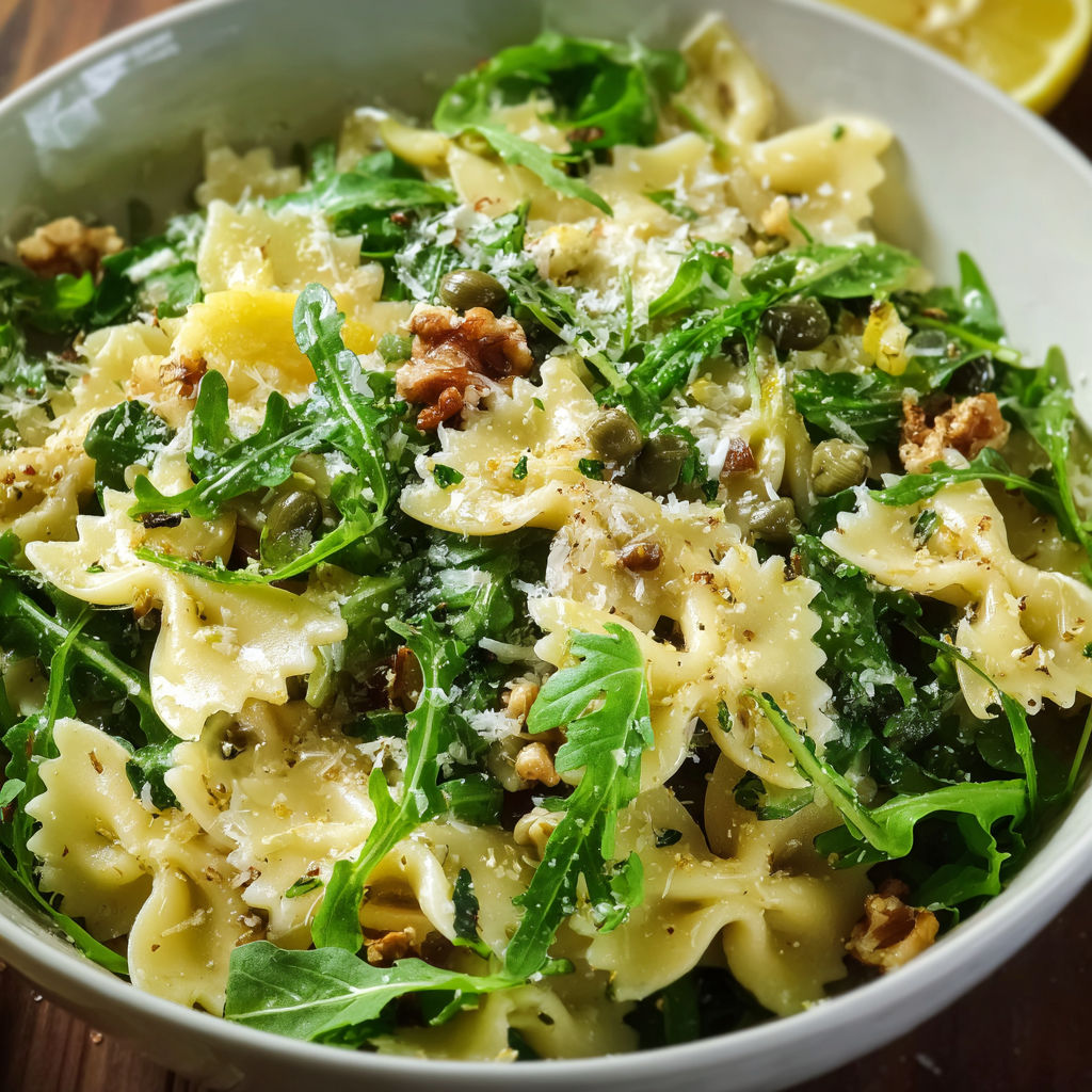 A bowl of pasta with spinach, pine nuts, and cheese.