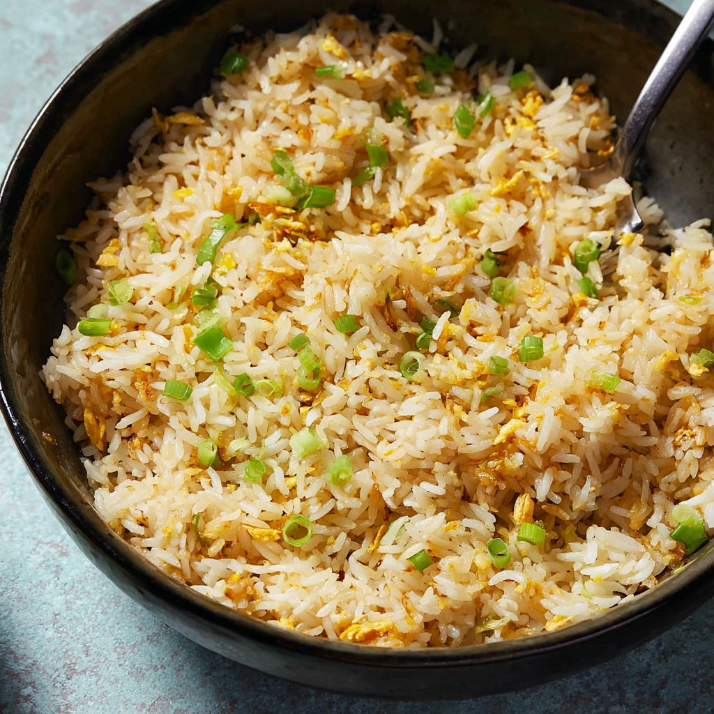 A bowl of garlic fried rice with green onions and yellow rice.