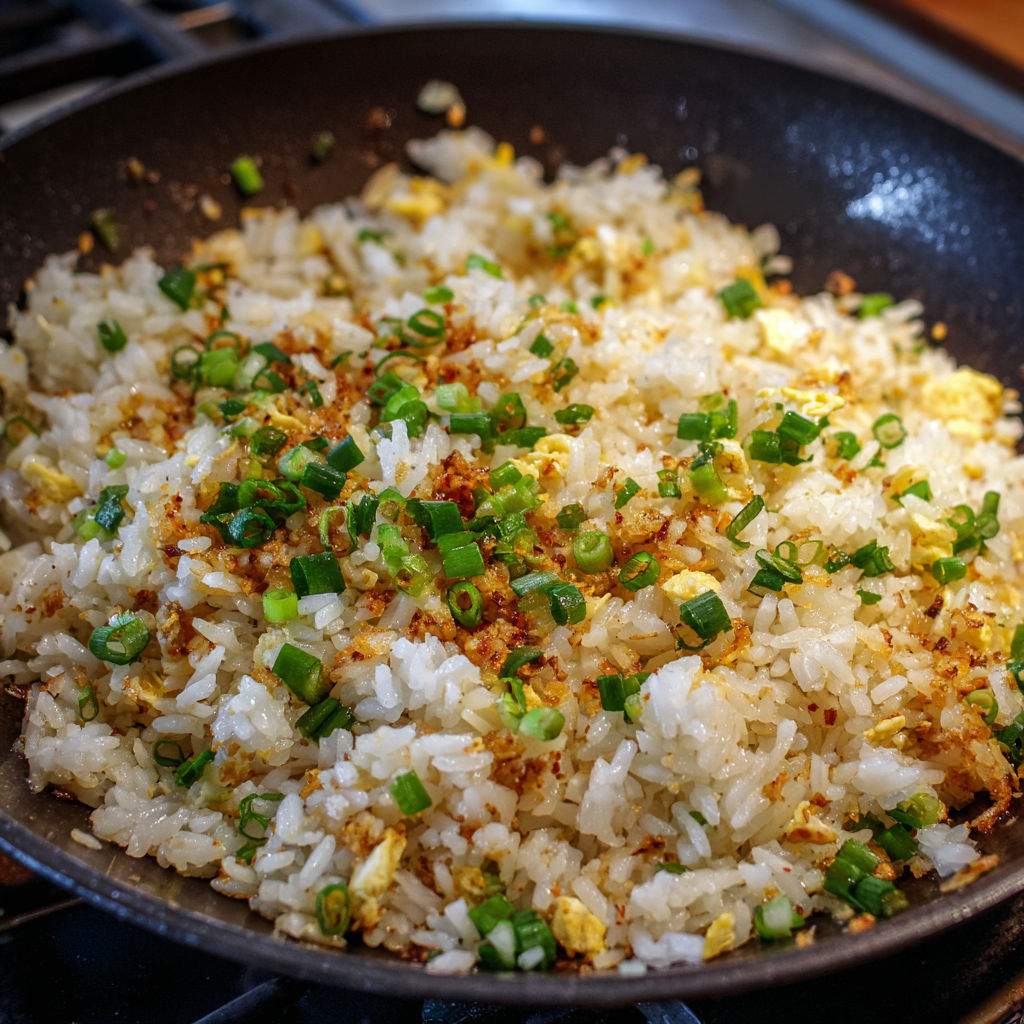A close-up of a stir fry dish with rice, vegetables, and eggs.