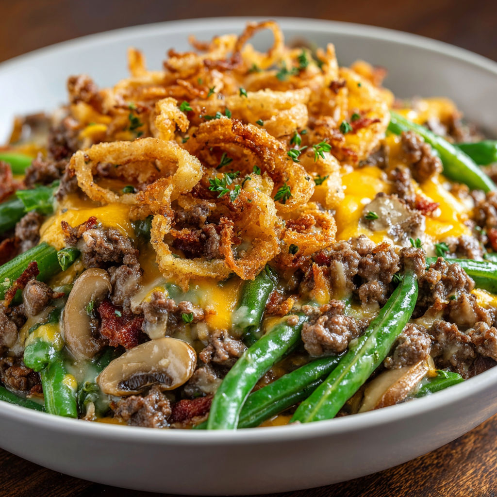 A white bowl filled with a delicious meal, including mushrooms, onions, and green beans, all covered in cheese.