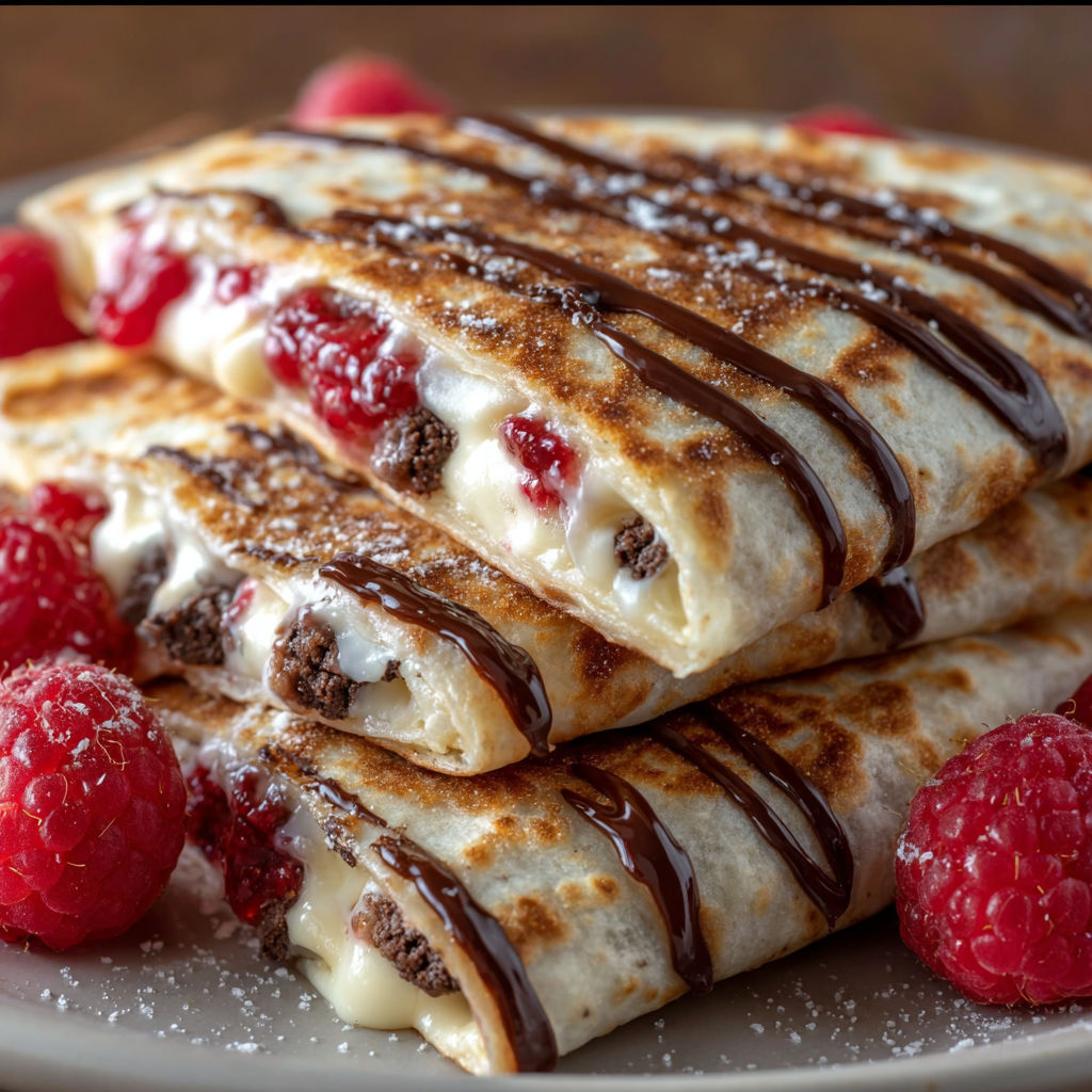 A delicious Sweet Raspberry Chocolate Quesadilla is served on a plate with a raspberry garnish.