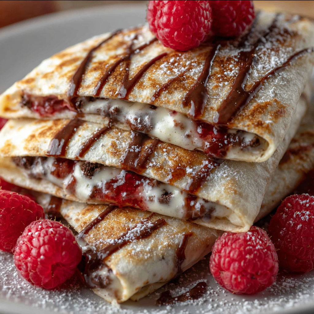 A stack of chocolate and raspberry crepes with chocolate drizzled on top.