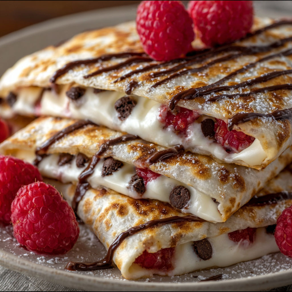 A stack of chocolate and white cream filled pastries with raspberries on top.