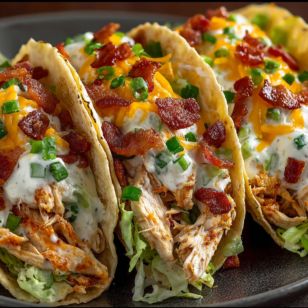 A plate of bacon and lettuce tacos with cheese and sour cream on top.