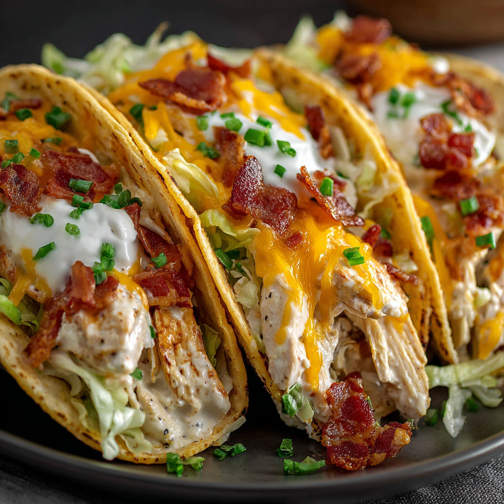 A plate of bacon and cheese stuffed tacos with lettuce and tomato garnish.