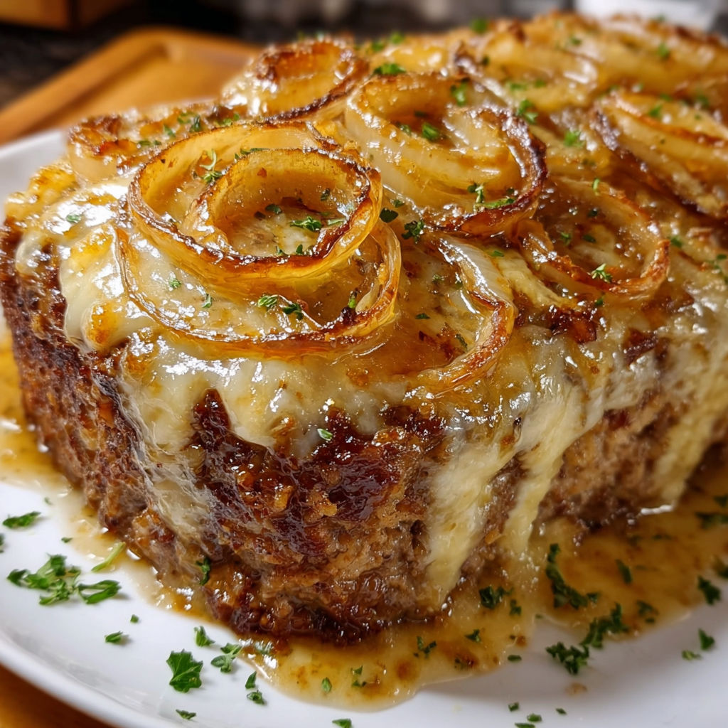A delicious French Onion Beef Delight is served on a white plate.