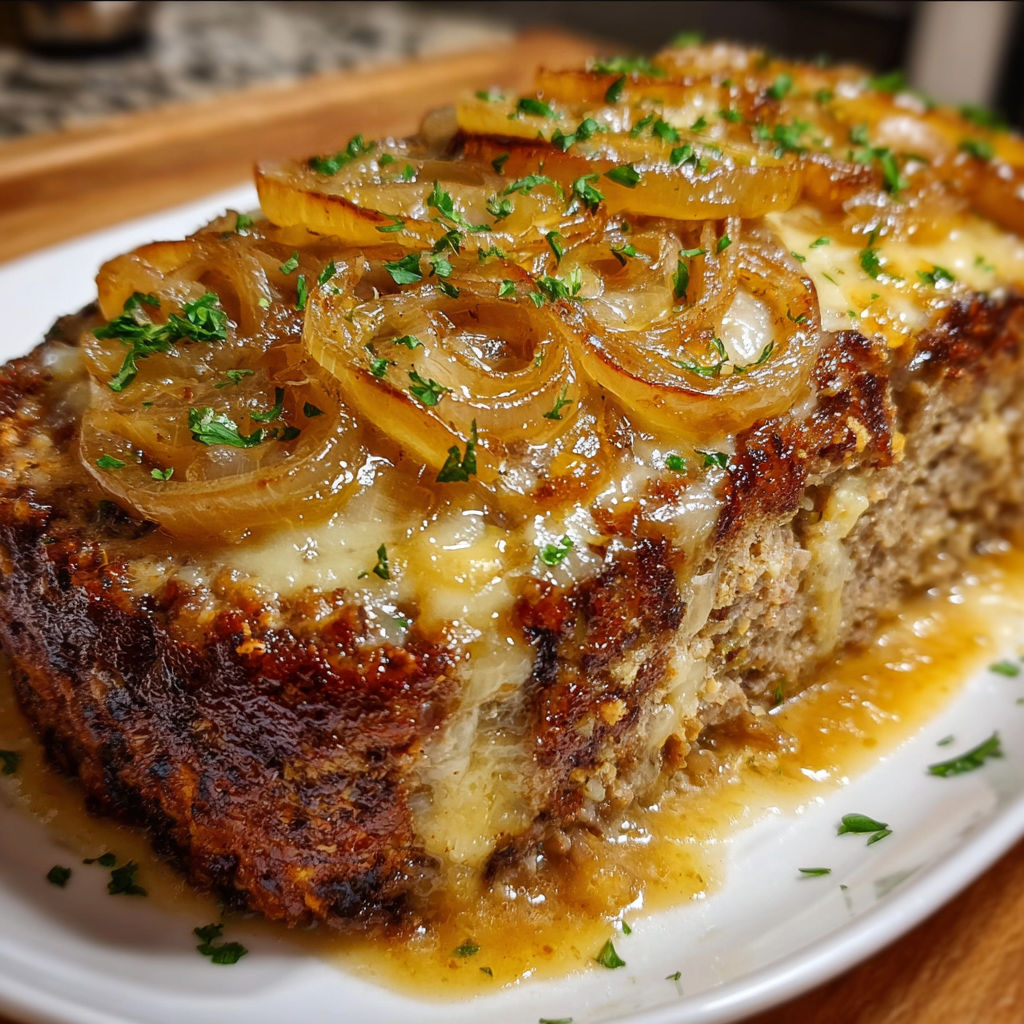 A delicious French Onion Beef Delight is served on a white plate.