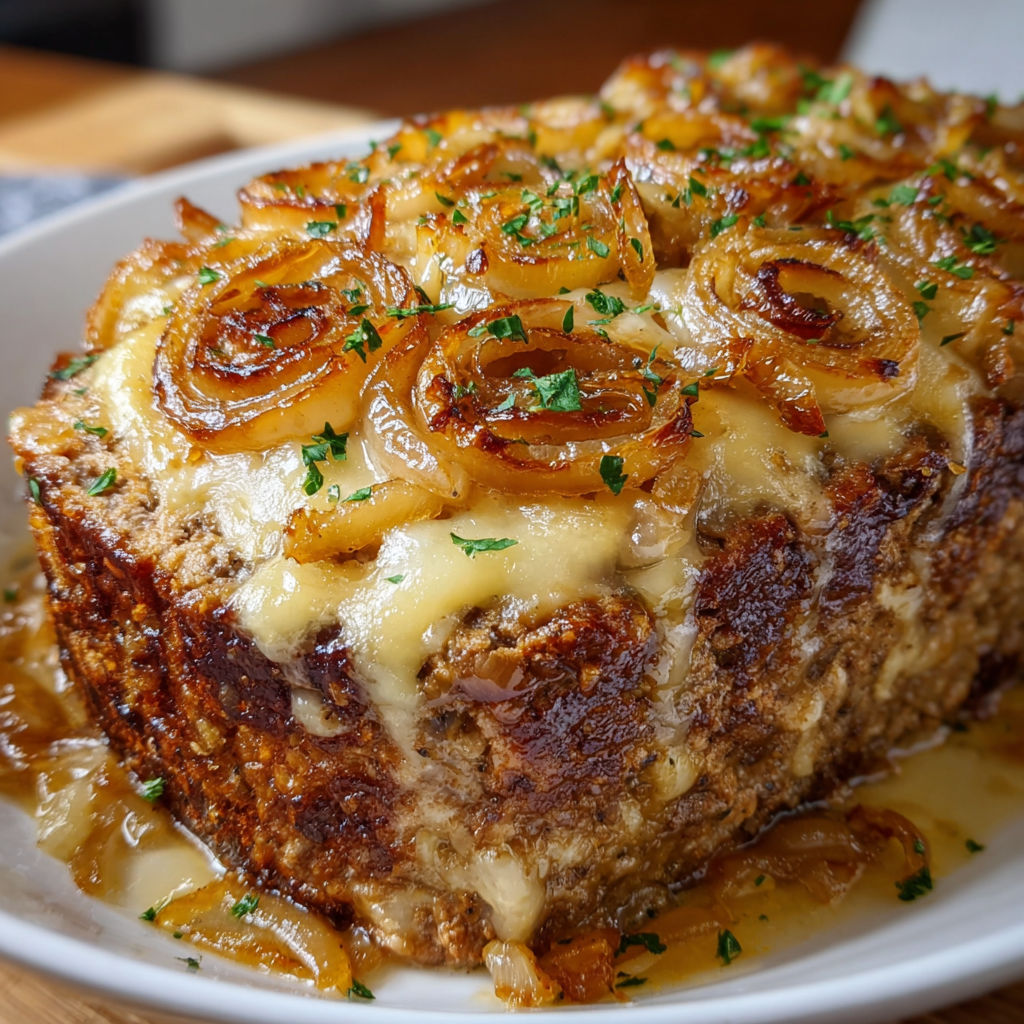 A delicious French Onion Beef Delight is served on a white plate.