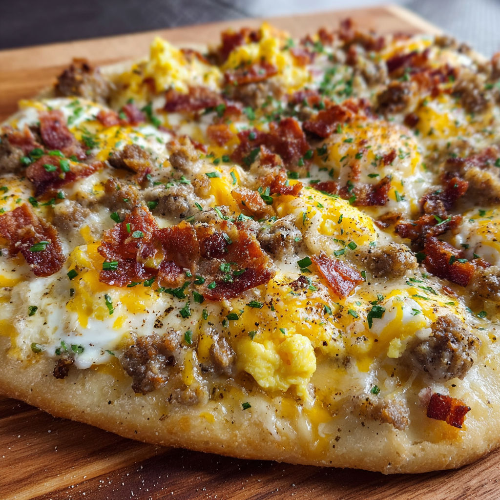 A breakfast pizza with sausage, bacon, and eggs on a wooden cutting board.