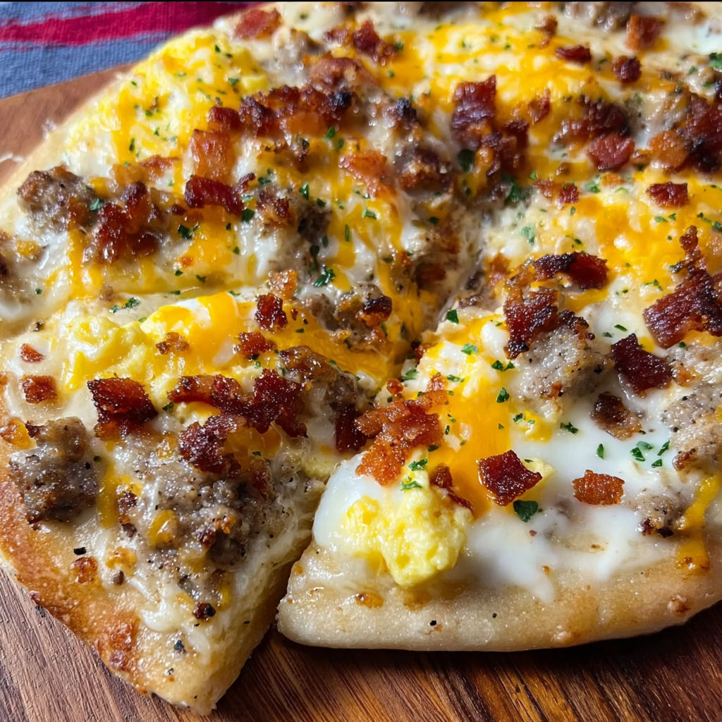 A slice of breakfast pizza with sausage, bacon, and eggs on a wooden cutting board.
