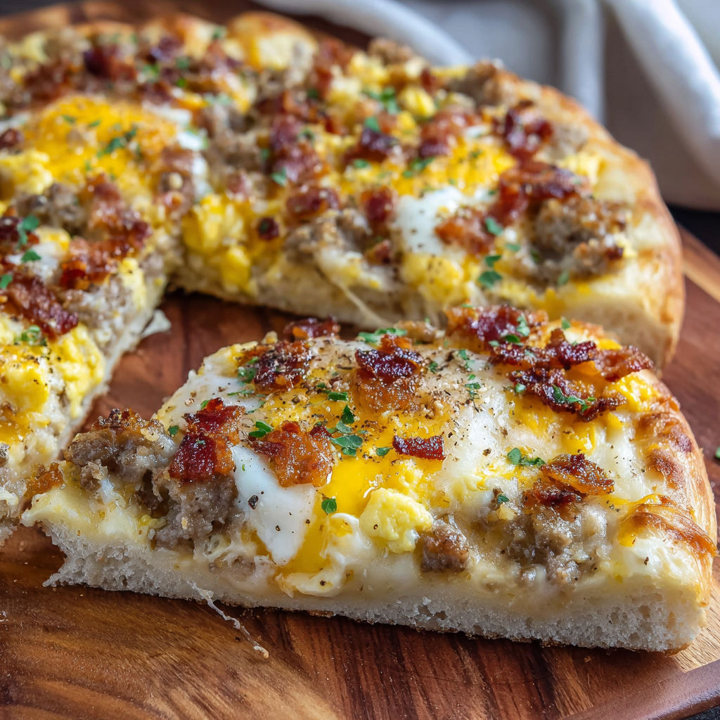 A slice of breakfast pizza with sausage, bacon, and eggs on a wooden cutting board.