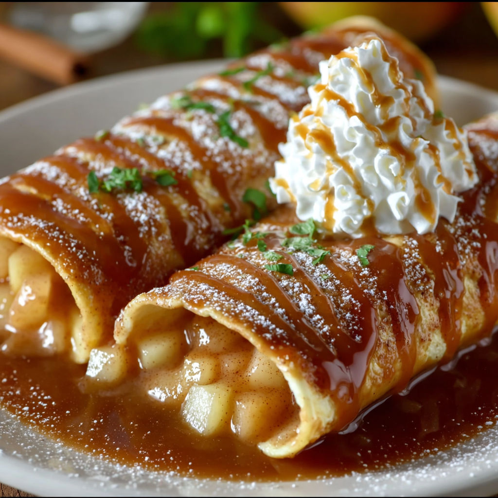 A plate of Apple Pie Enchiladas Delight, topped with whipped cream and caramel sauce.